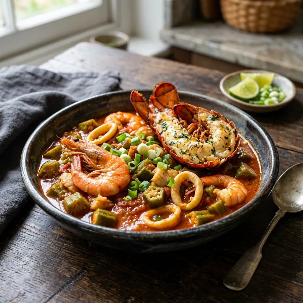 Okra Stew With Prawns and Lobster Tails