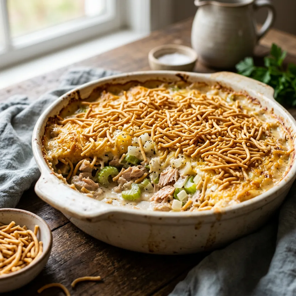 Finished Old-Fashioned Chow Mein Tuna Bake dish