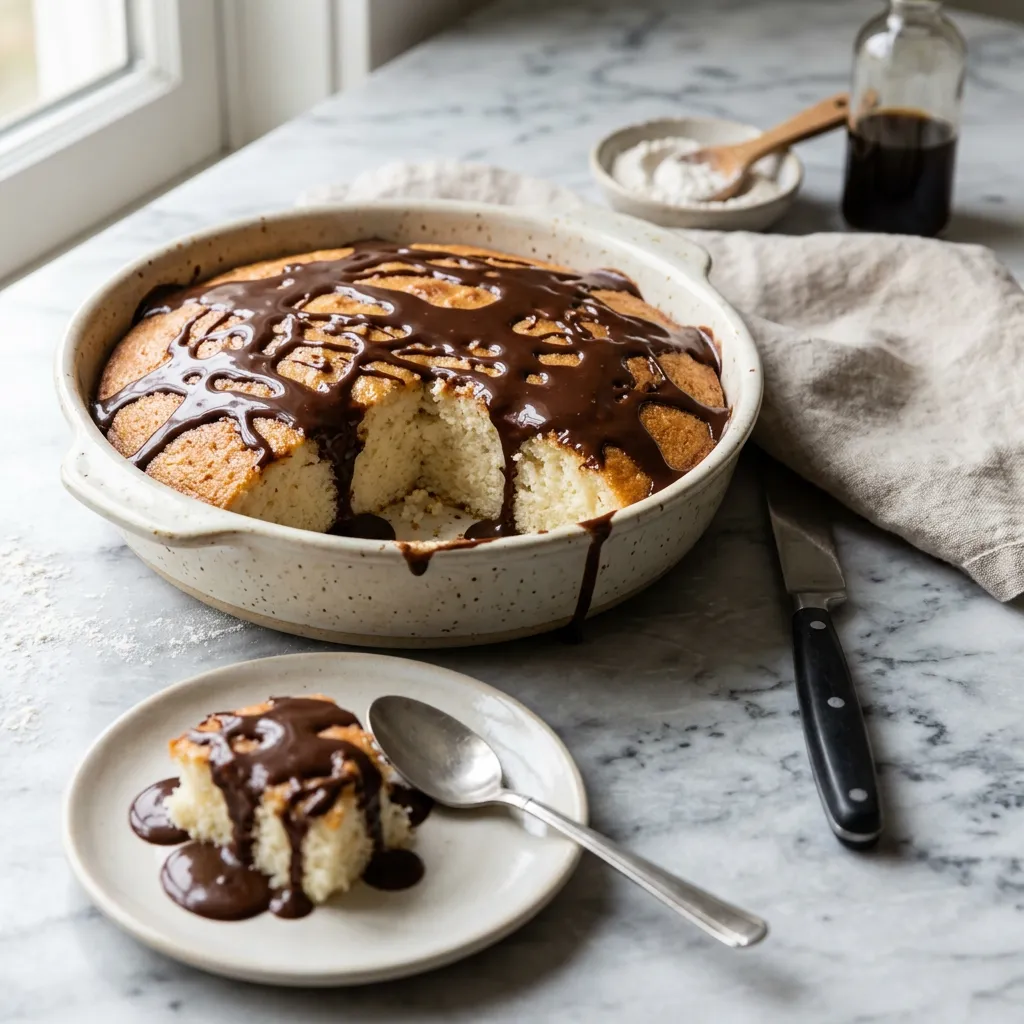 Old Fashioned Cottage Pudding With Chocolate Sauce