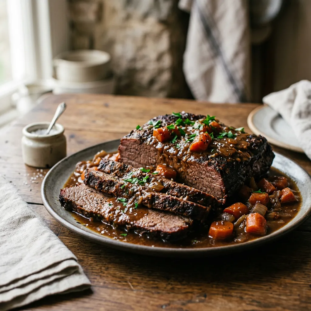 Finished Old-Fashioned Crockpot Beef Brisket dish