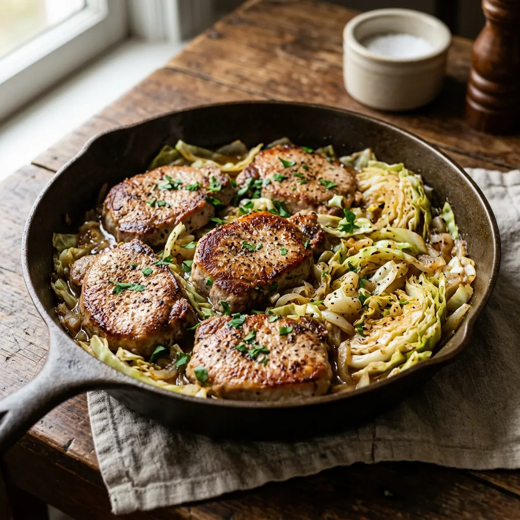 Finished Old-Fashioned Pork Chops and Cabbage dish