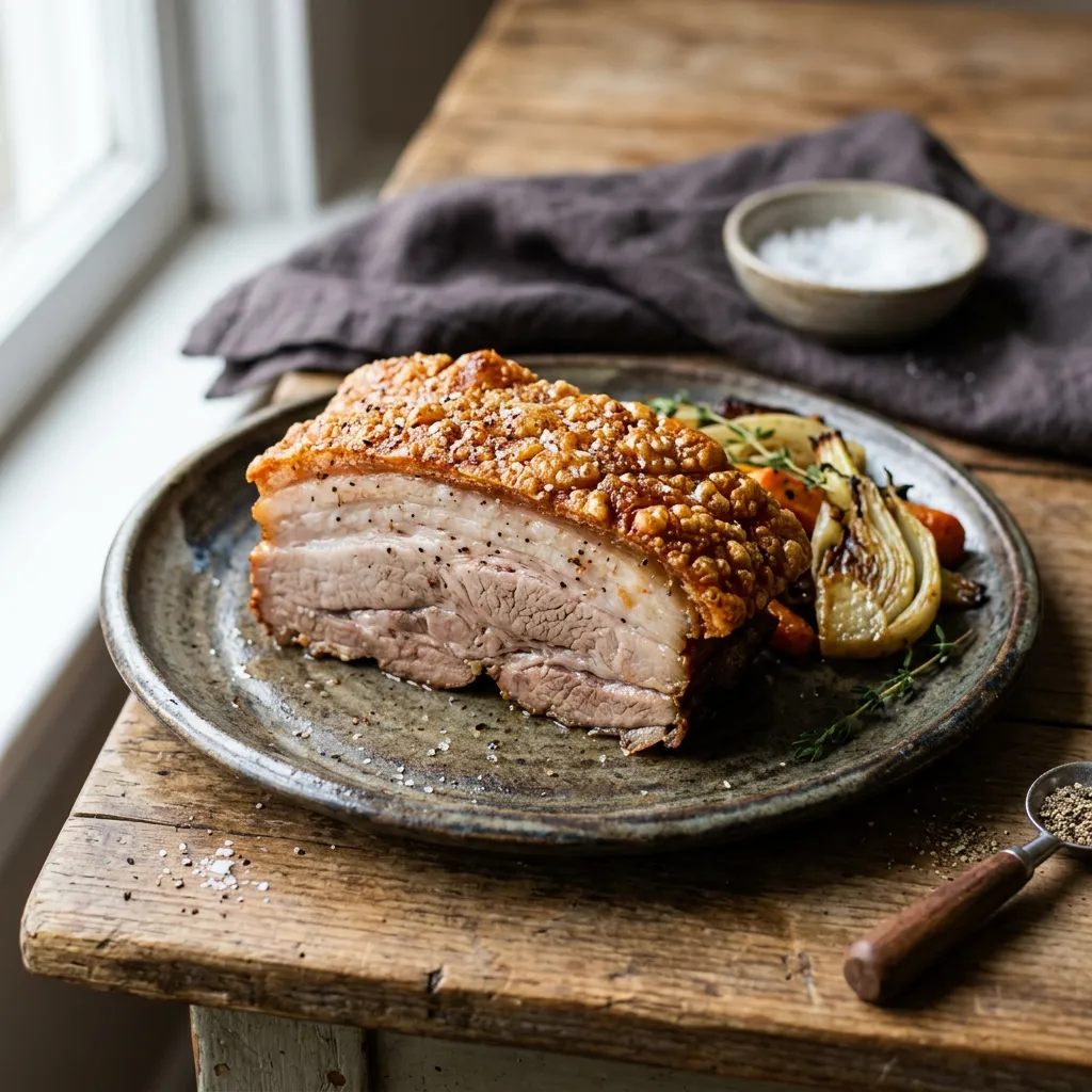 Finished Oven-Roasted Pork Belly Recipe with Perfect Crackling dish