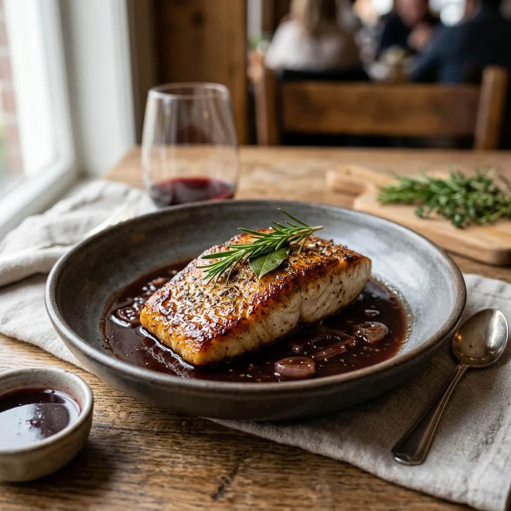 Pan Seared Halibut With Red Wine Reduction Sauce