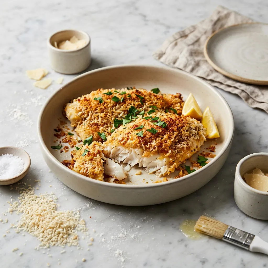 Finished Parmesan Crusted Baked Fish dish