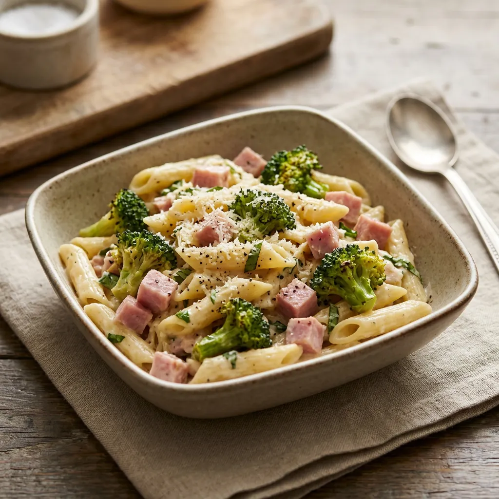 Pasta With Broccoli, Parmesan Cheese, and Ham