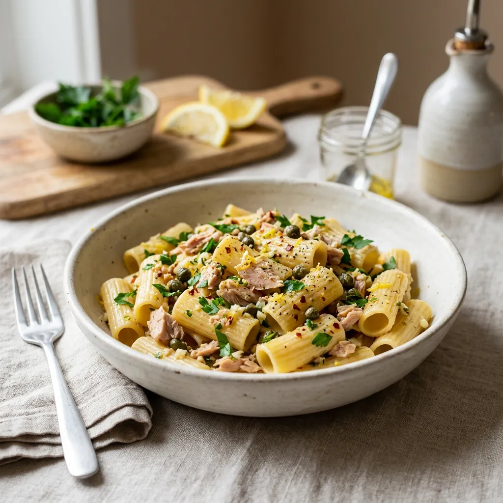 Pasta With Garlic, Lemon, Capers, and Tuna