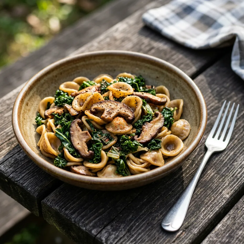 Pasta with Smoky Shiitakes and Winter Greens