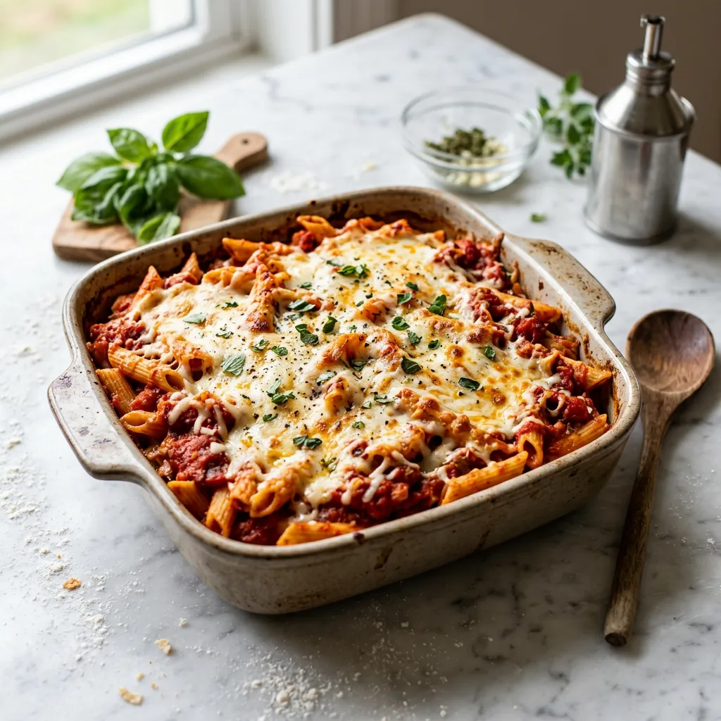 Penne Pasta Bake With Tomatoes and Mozzarella Cheese