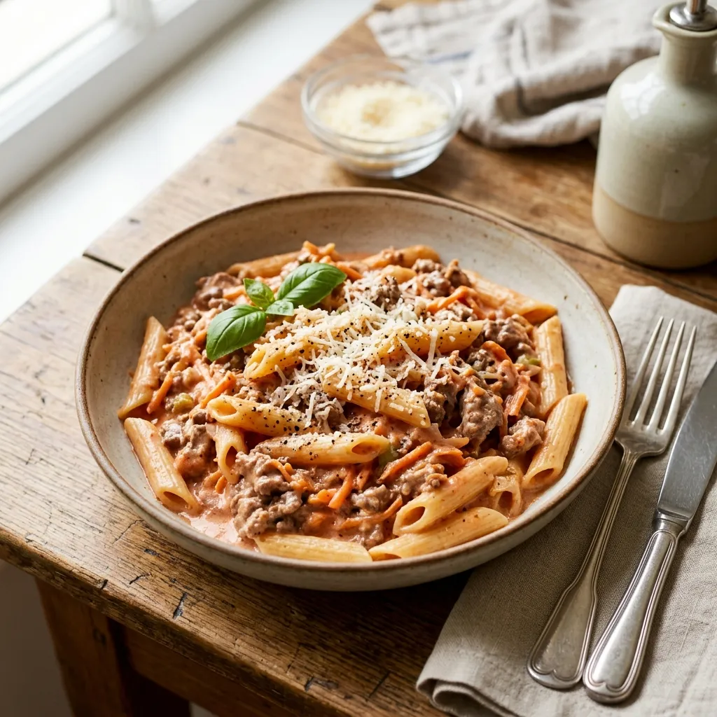 Penne Pasta With Creamy Tomato and Meat Sauce