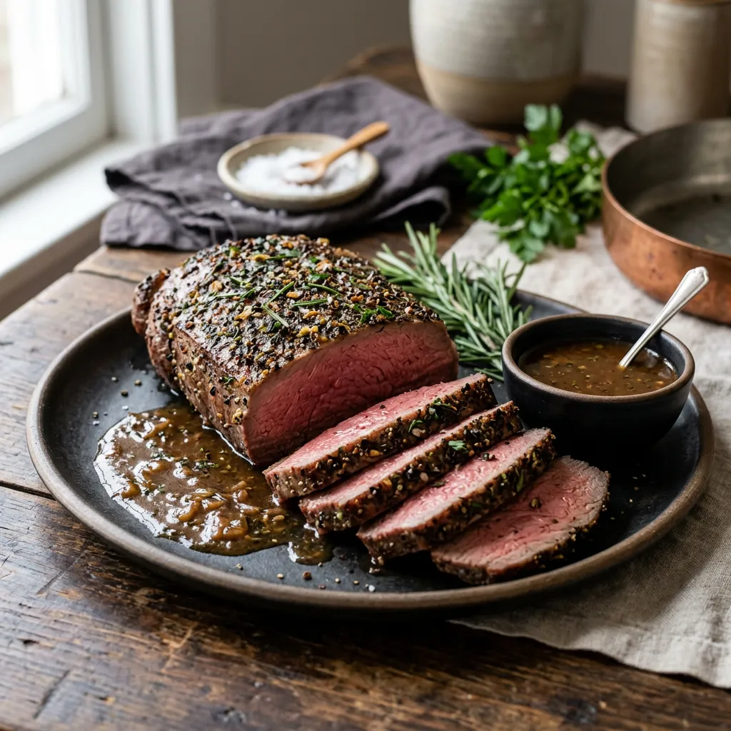 Pepper and Herb Crusted Sirloin Strip Roast Recipe