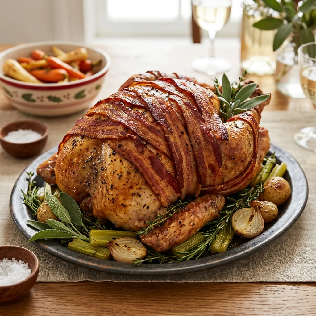 Finished Perfect Roast Turkey With Bacon dish