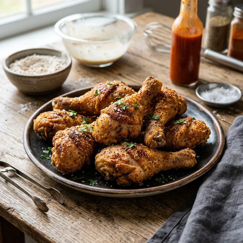 Finished Perfectly Crispy Fried Chicken Drumsticks dish