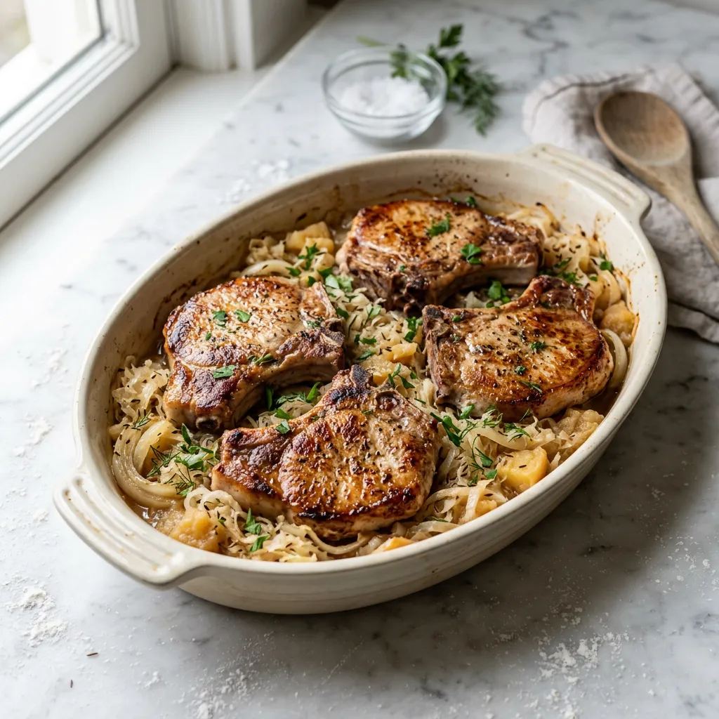Finished Pork Chop and Sauerkraut Bake dish