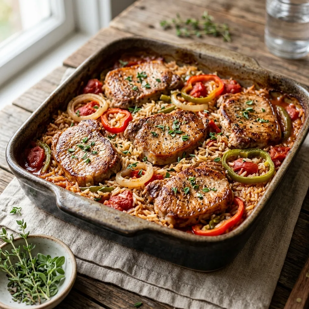 Pork Chop Casserole With Rice, Tomatoes, and Peppers