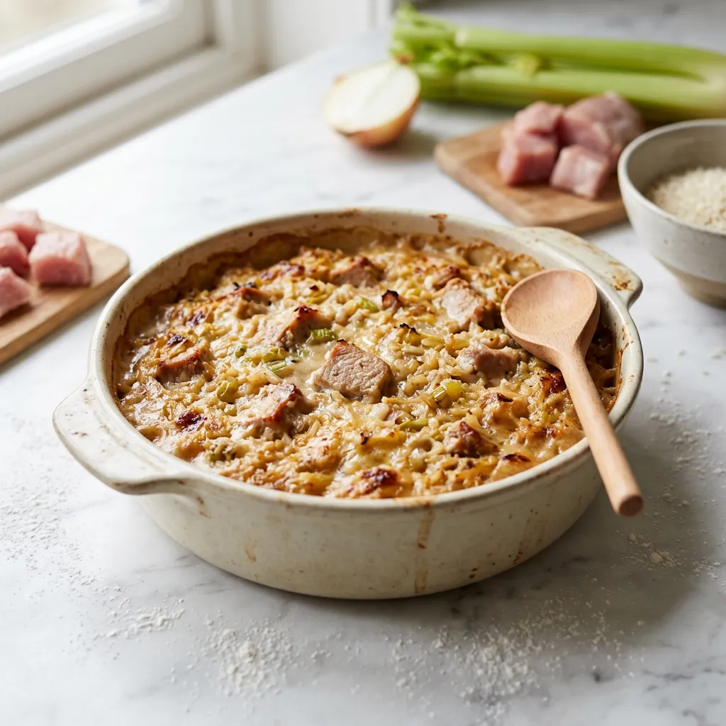 Finished Pork, Rice, and Celery Casserole dish
