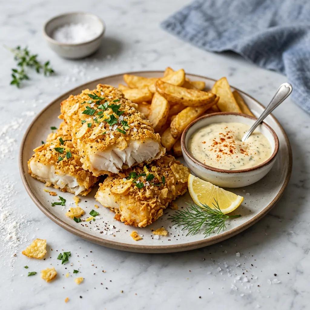 Finished Potato Chip-Crusted Fish Fillets with Lemon-Garlic Aioli dish
