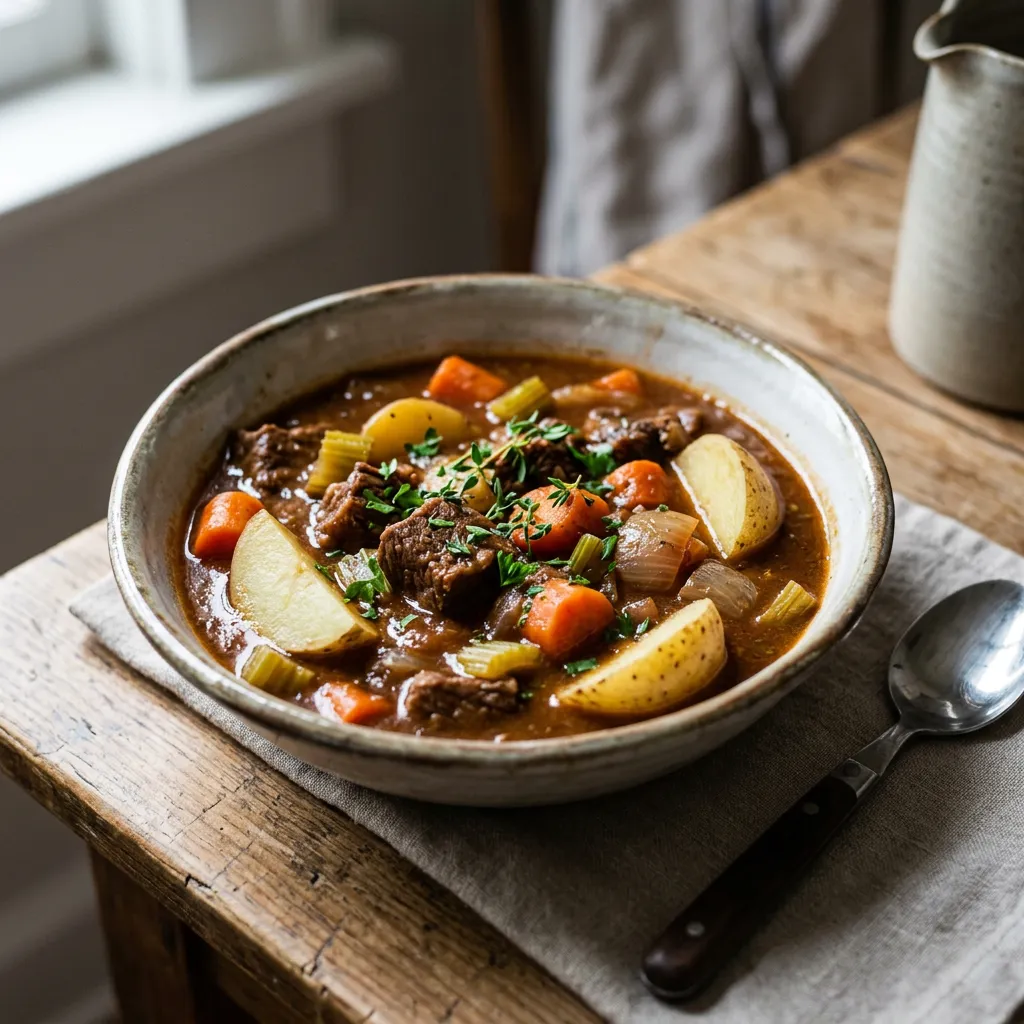 Finished Pressure Cooker Beef Stew dish