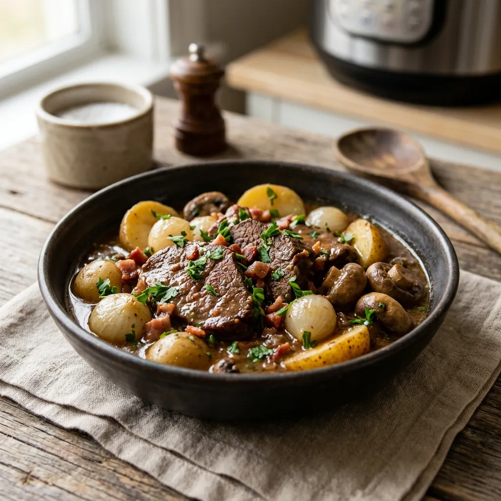 Finished Pressure Cooker Round Steak and Vegetables dish