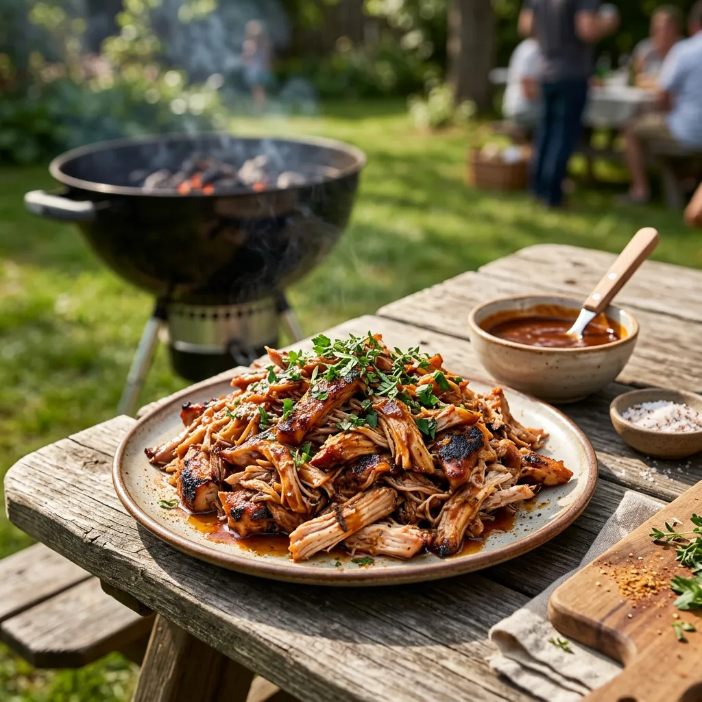 Finished Pulled Barbecued Chicken on a Grill dish