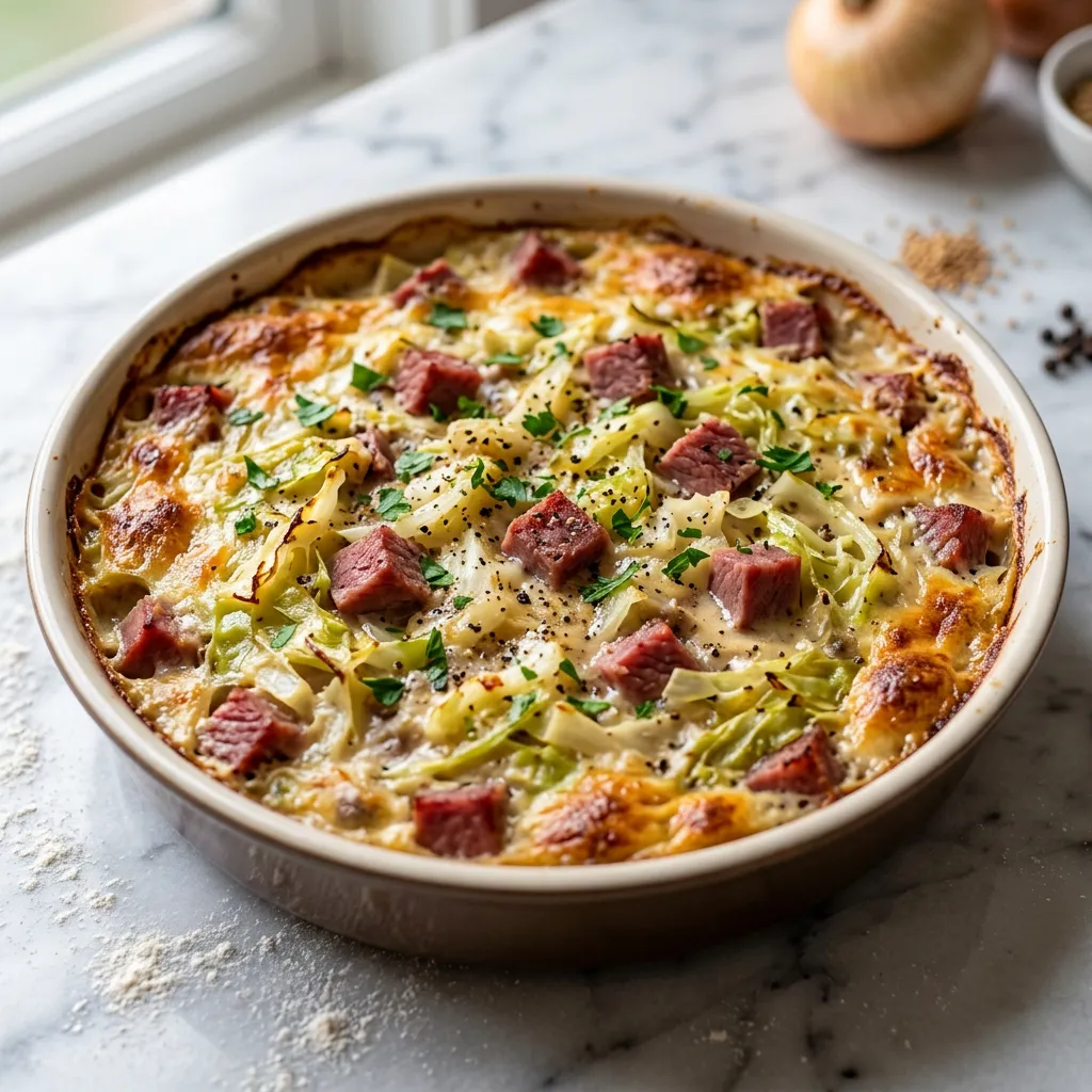 Finished Quick and Easy Corned Beef and Cabbage Casserole Recipe dish