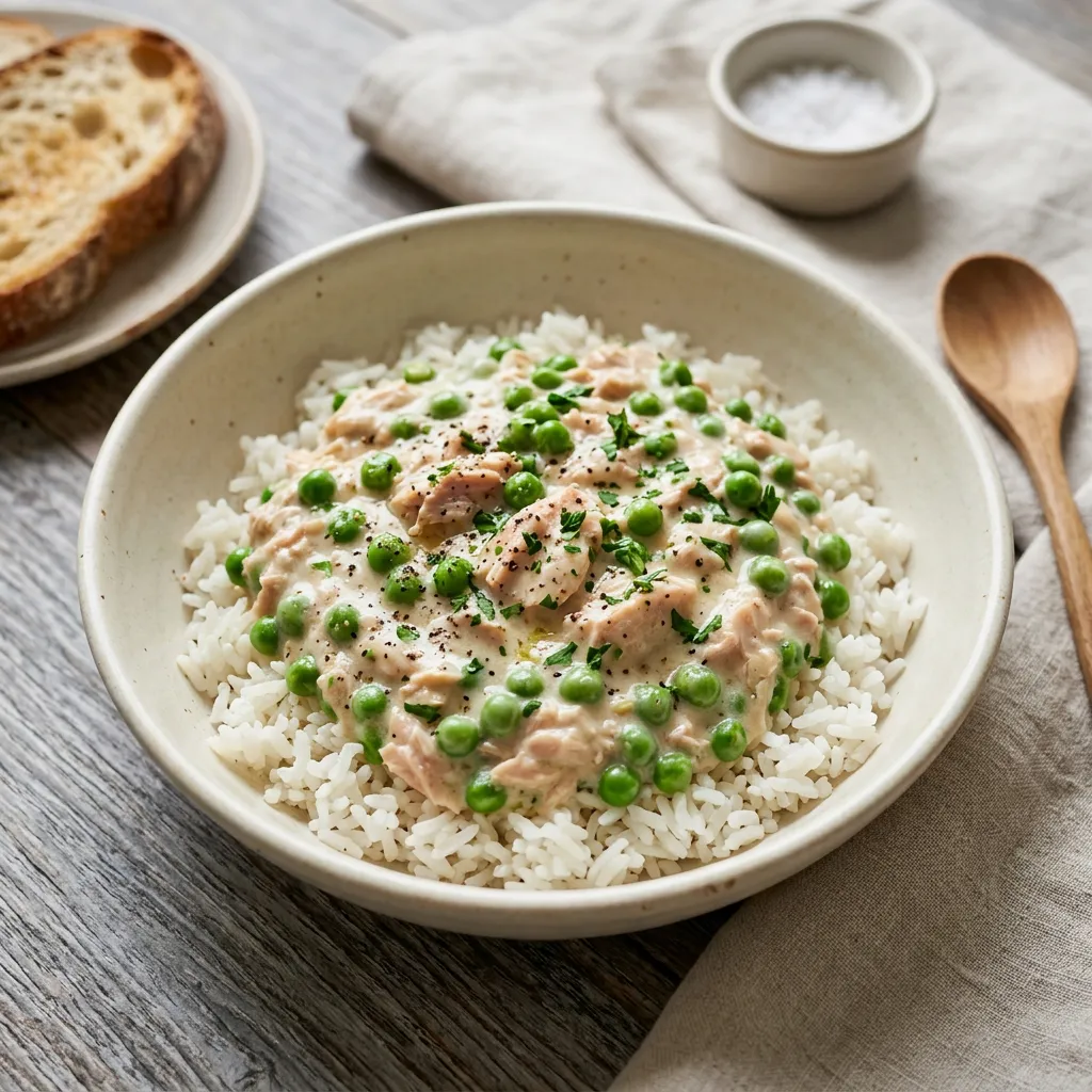 Finished Quick and Easy Creamed Tuna With Peas dish