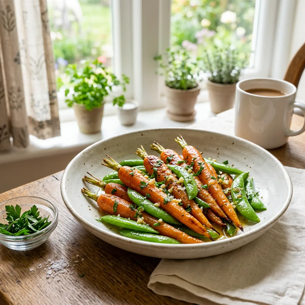 Finished Quick-Braised Fresh Carrots and Sugar Snap Peas dish