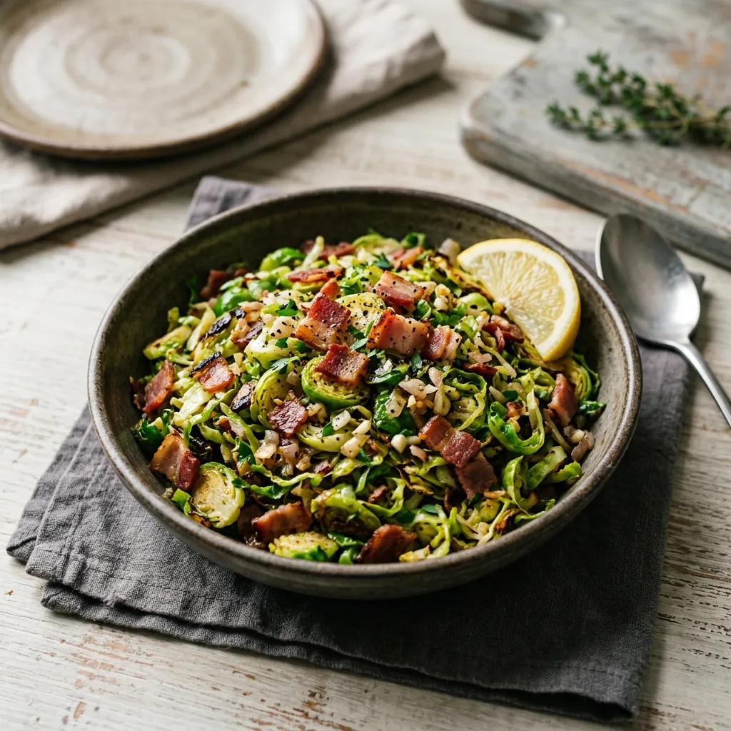 Finished Quick Shredded Brussels Sprouts With Bacon dish