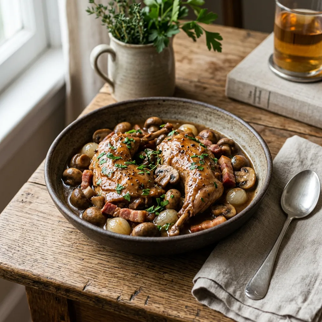 Rabbit Fricassee With Bacon, Pearl Onions and Mushrooms Recipe