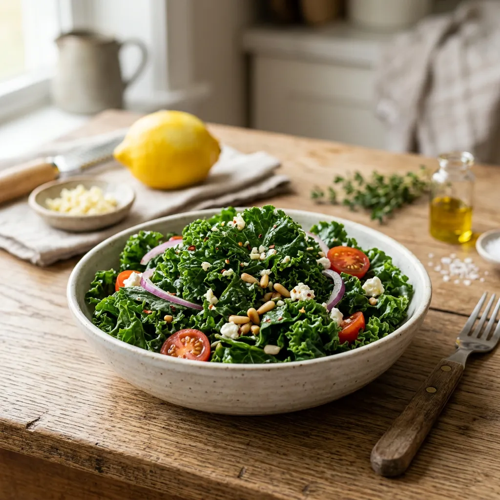 Raw Lemon Garlic Marinated Kale Salad