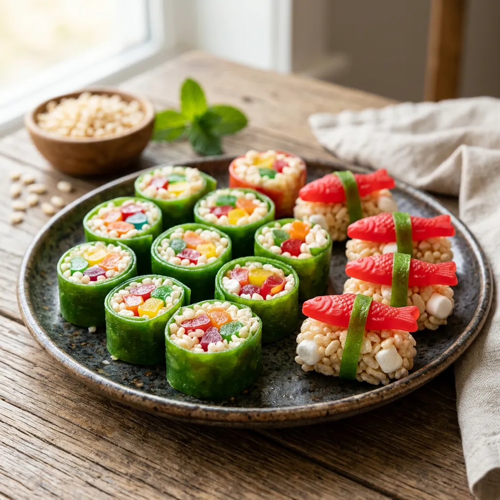 Finished Rice Krispie Candy Sushi dish