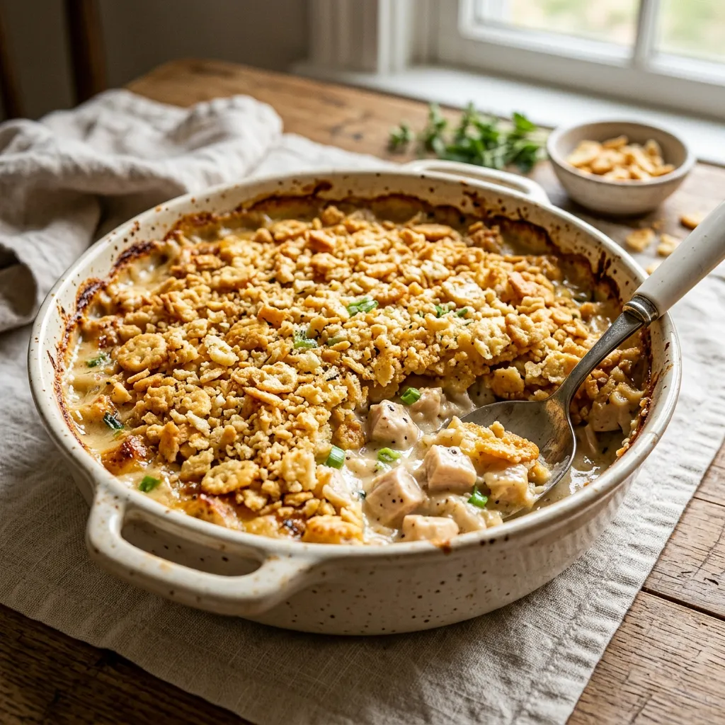 Finished Ritz Cracker Chicken Casserole Recipe dish
