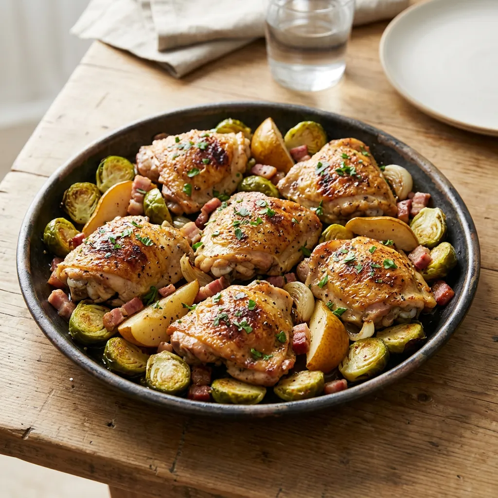 Finished Roasted Chicken Thighs With Brussels Sprouts and Pears dish