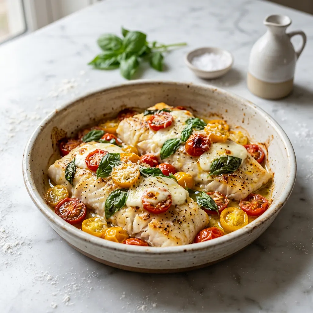 Roasted Cod With Tomatoes, Basil, and Mozzarella