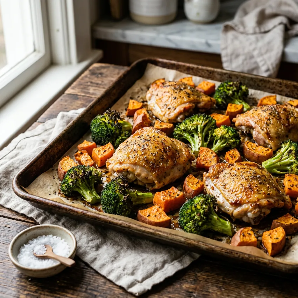 Finished Roasted Sheet Pan Chicken, Sweet Potatoes, and Broccoli dish