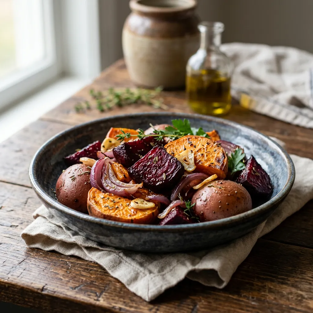 Roasted Sweet Potatoes and Beets (Parve, Passover)