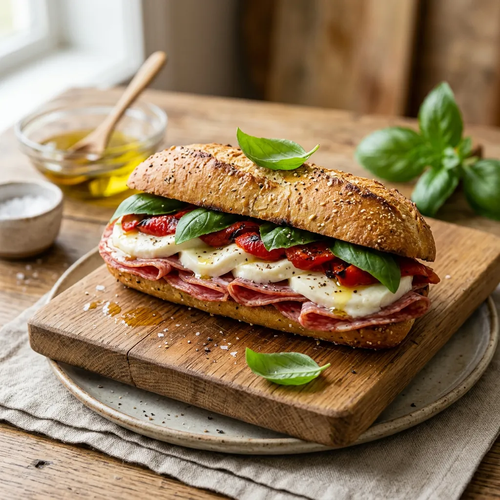 Salami, Mozzarella and Roasted Red Pepper Sandwich