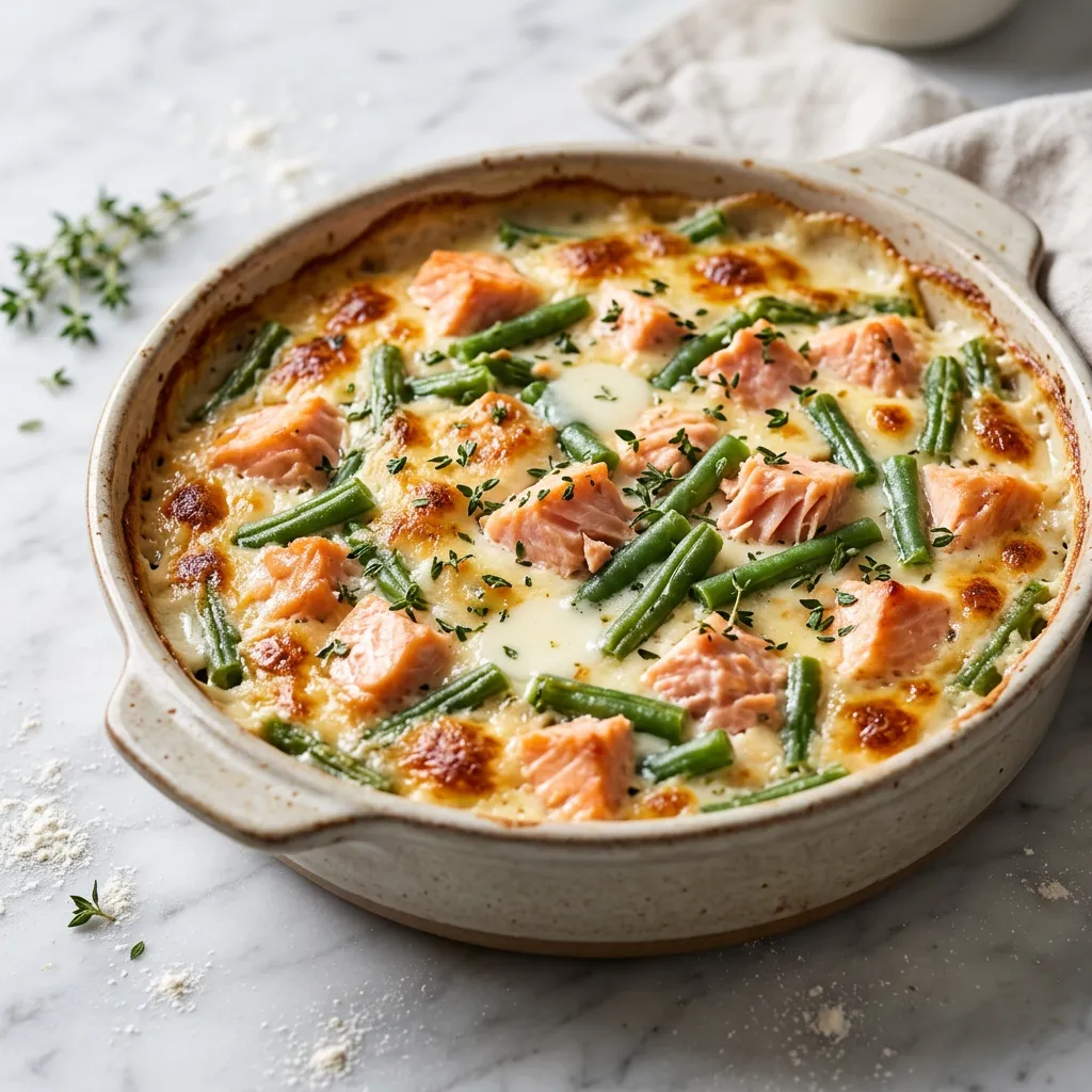 Finished Salmon Casserole With Vegetables and White Sauce dish