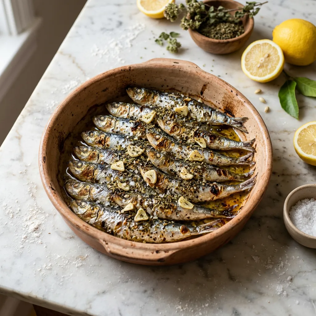 Sartheles Psites (Baked Sardines With Garlic and Oregano)