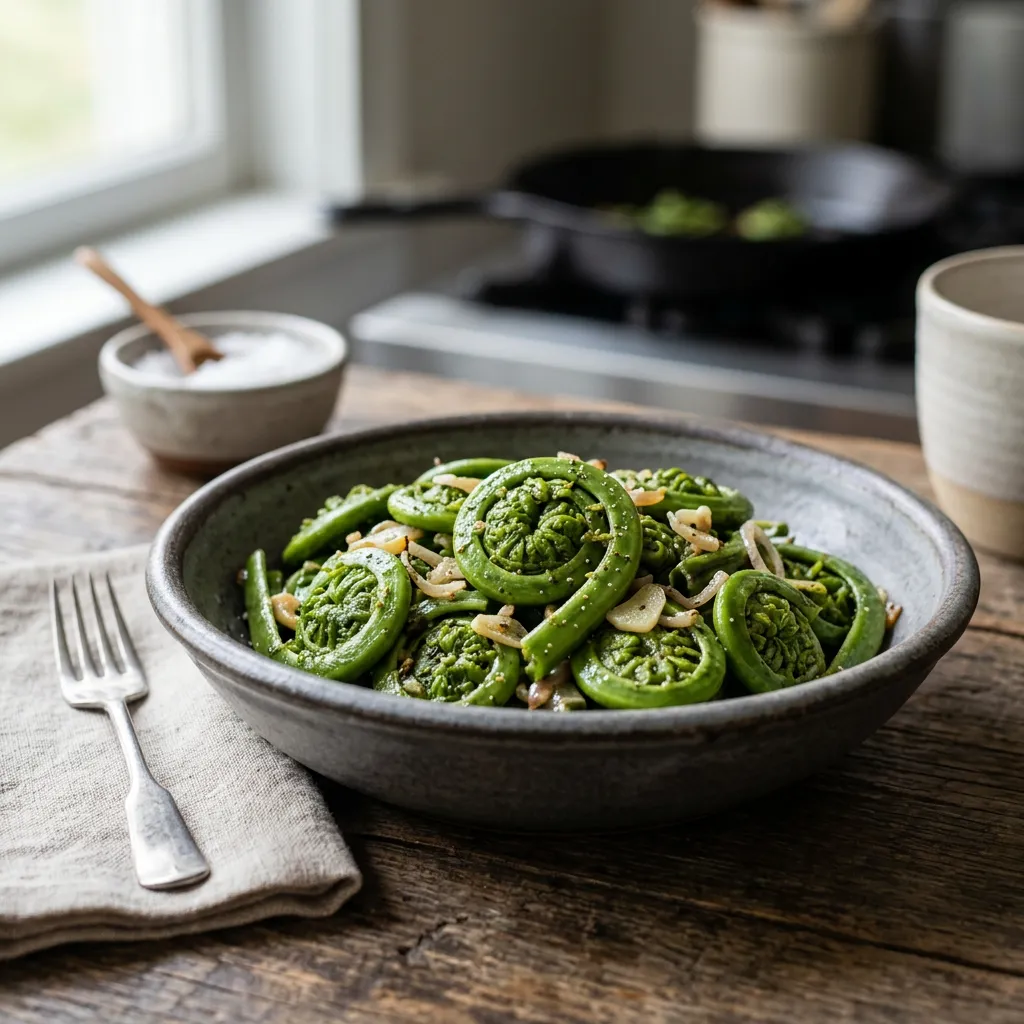 Finished Sautéed Fiddlehead Ferns Recipe dish