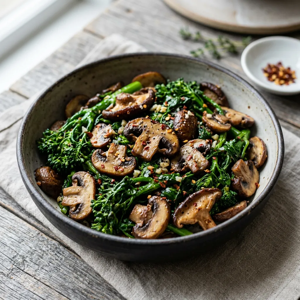 Finished Sautéed Mushrooms and Broccoli Rabe dish