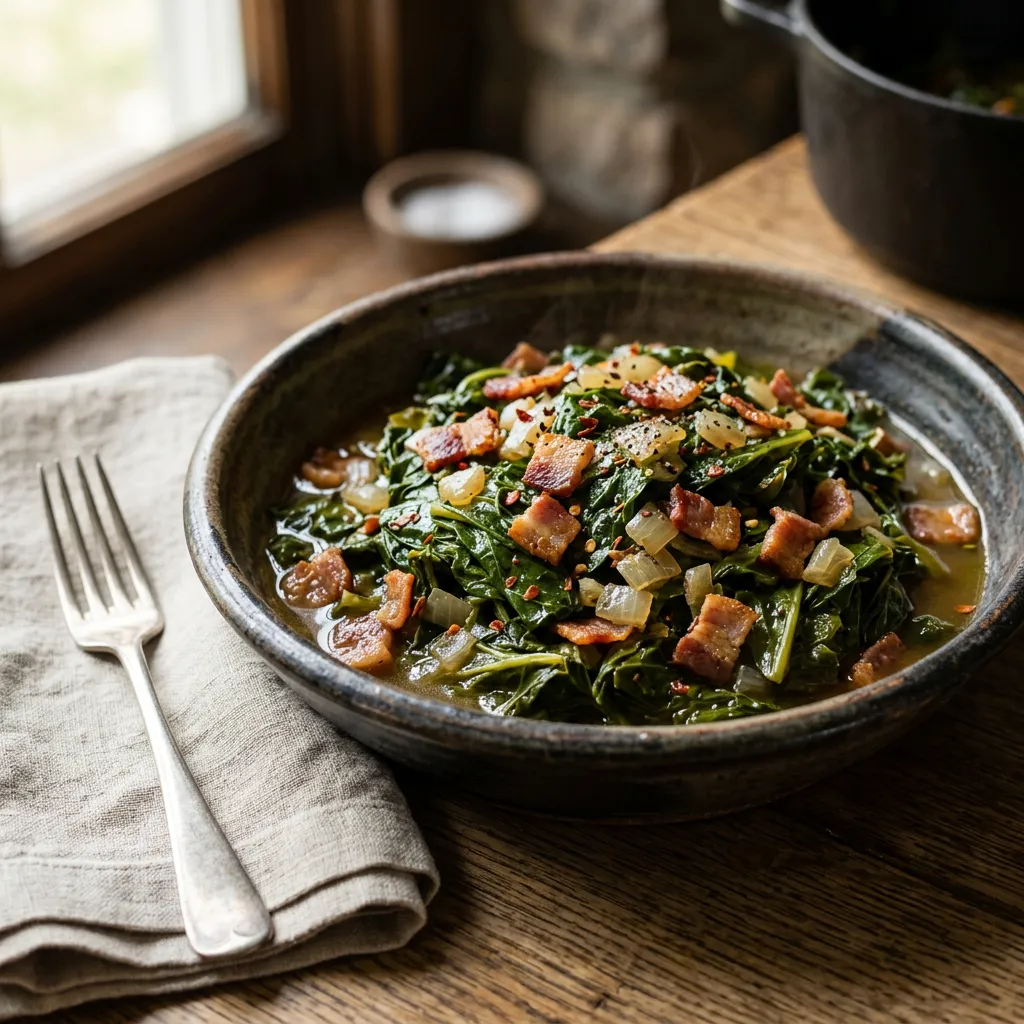 Finished Sautéed Southern Mustard Greens With Bacon dish