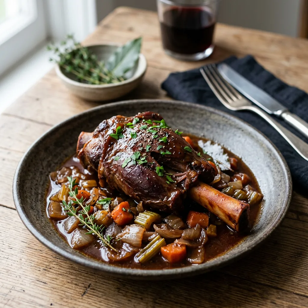 Finished Savory Oven Braised Lamb Shanks dish