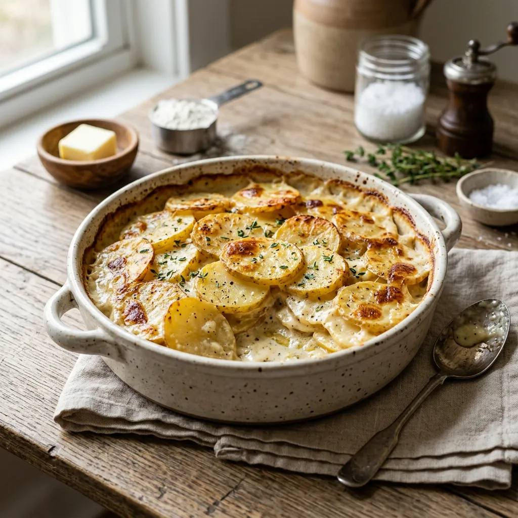 Finished Scalloped Potatoes With White Sauce dish