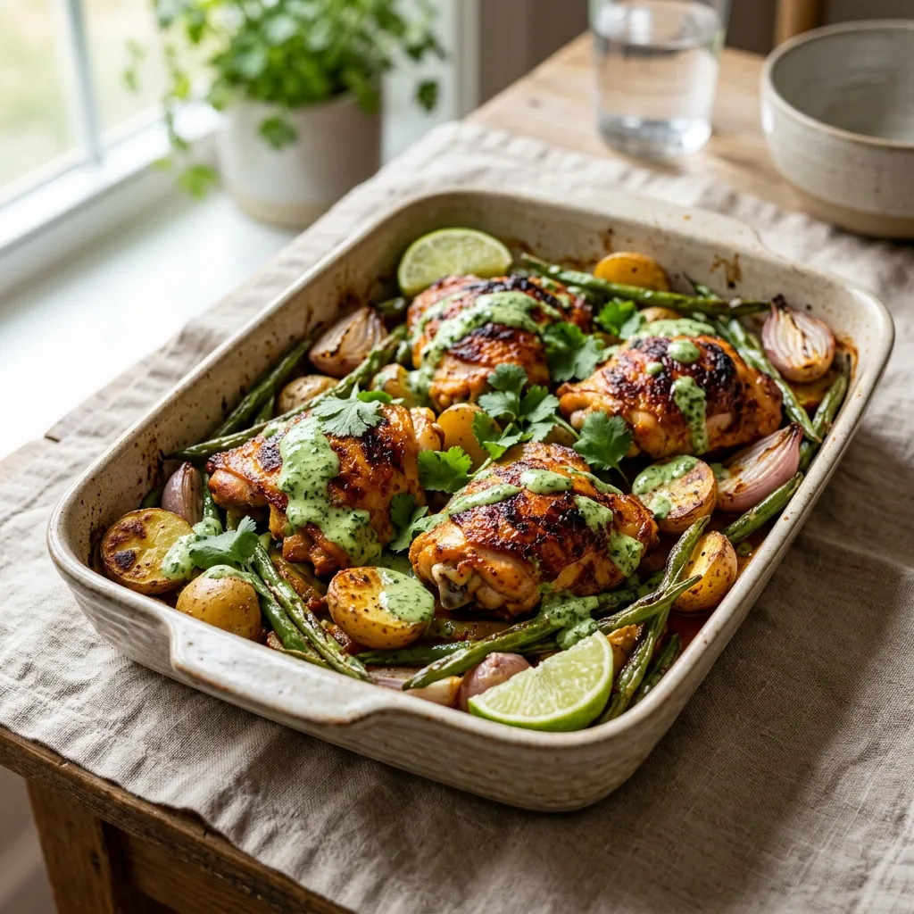 Finished Sheet Pan Red Curry Chicken Thighs dish