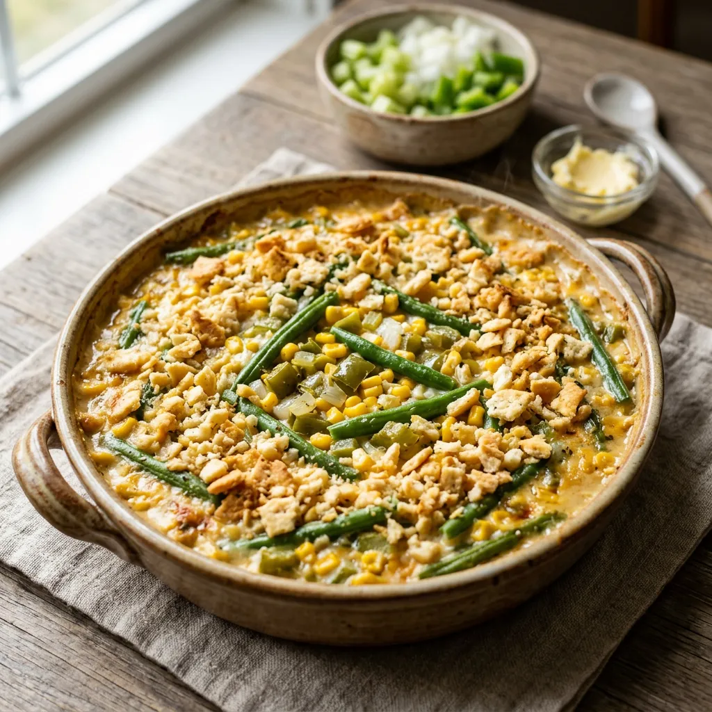 Finished Shoepeg Corn Casserole With Sour Cream and Green Beans dish