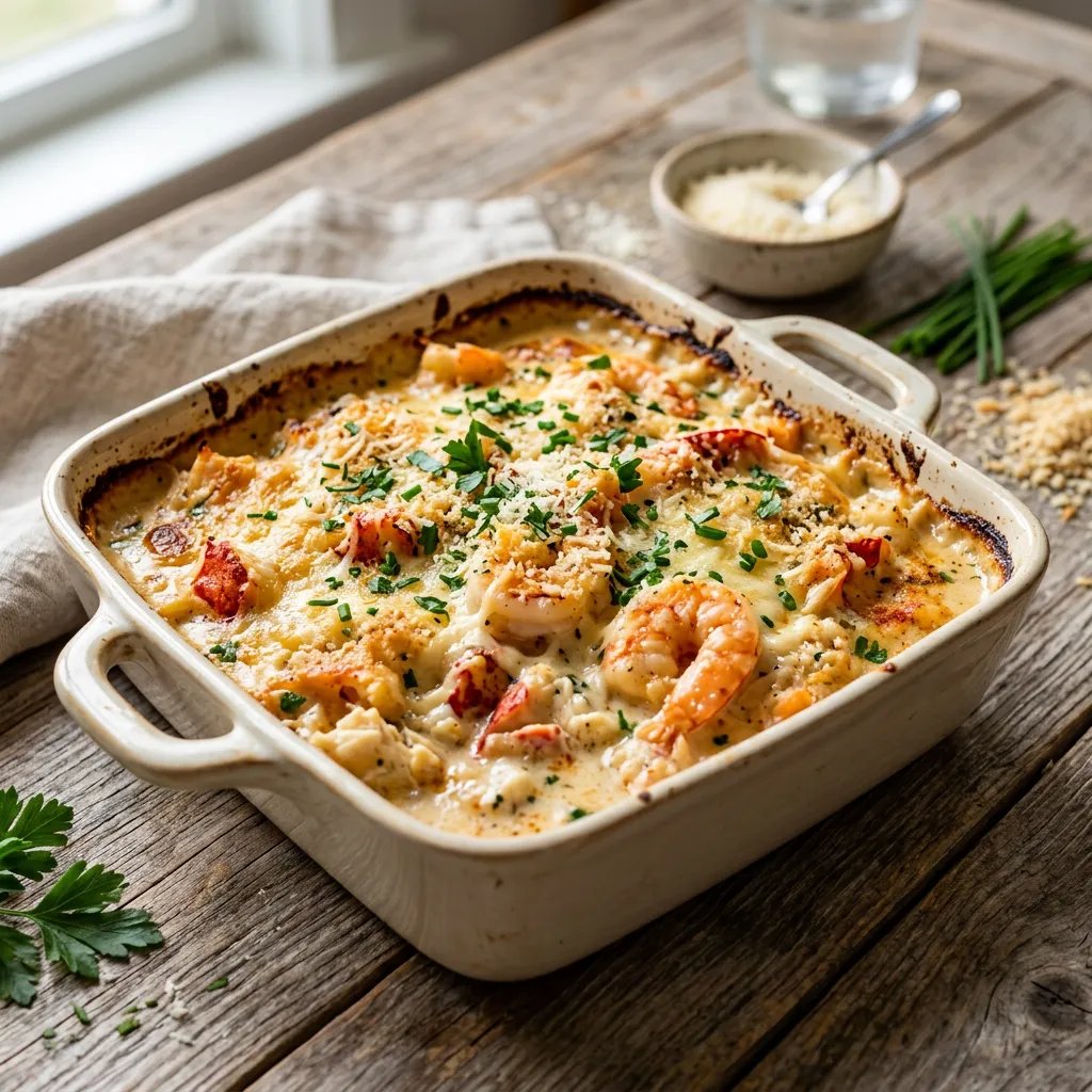 Finished Shrimp and Crabmeat Seafood Casserole dish