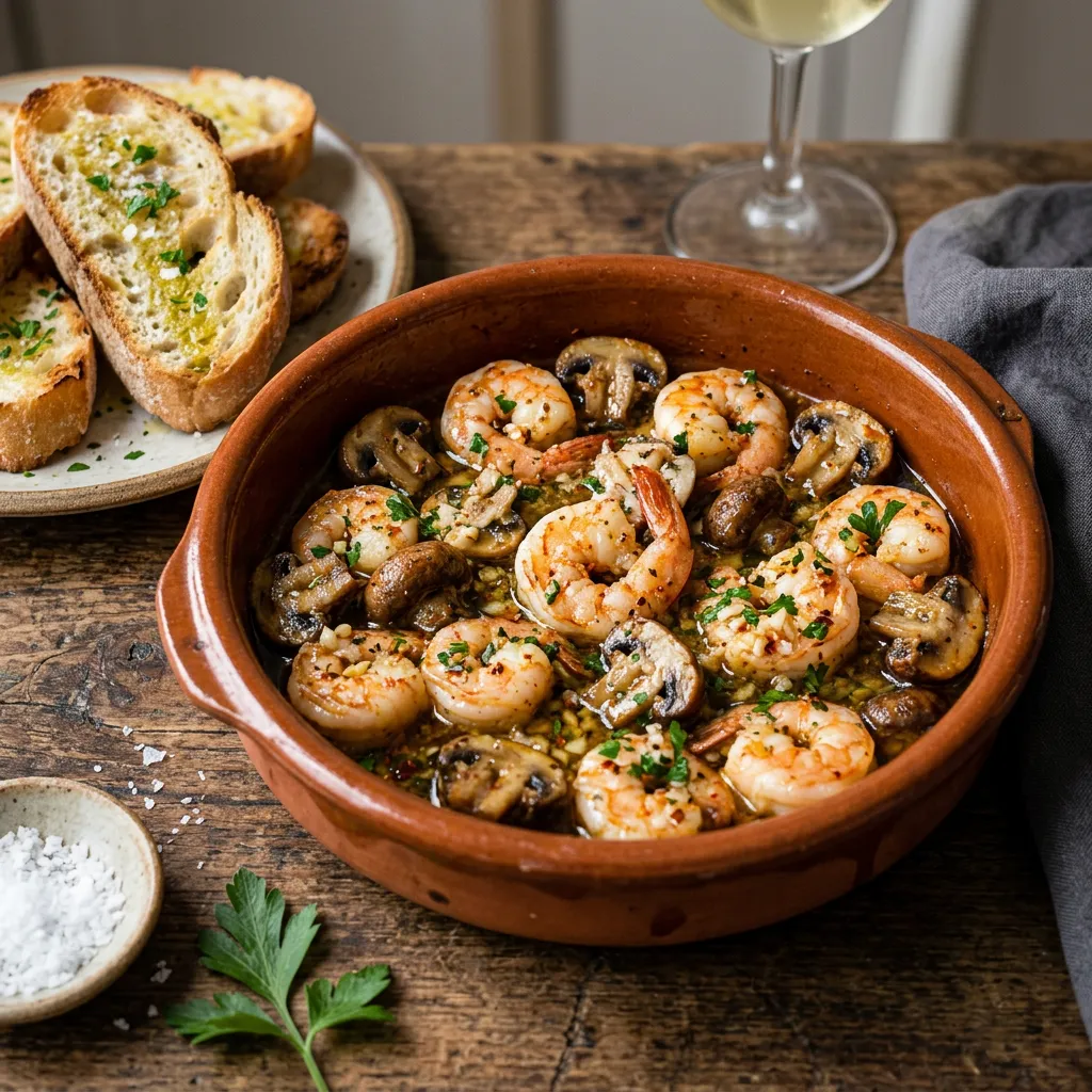 Shrimp With Mushrooms, Garlic and Wine Tapa