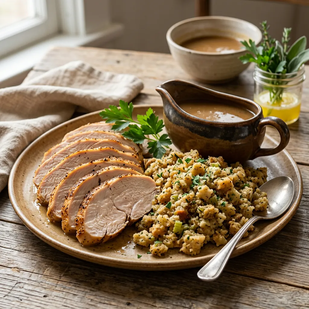 Finished Simple Crockpot Turkey Breast and Dressing dish