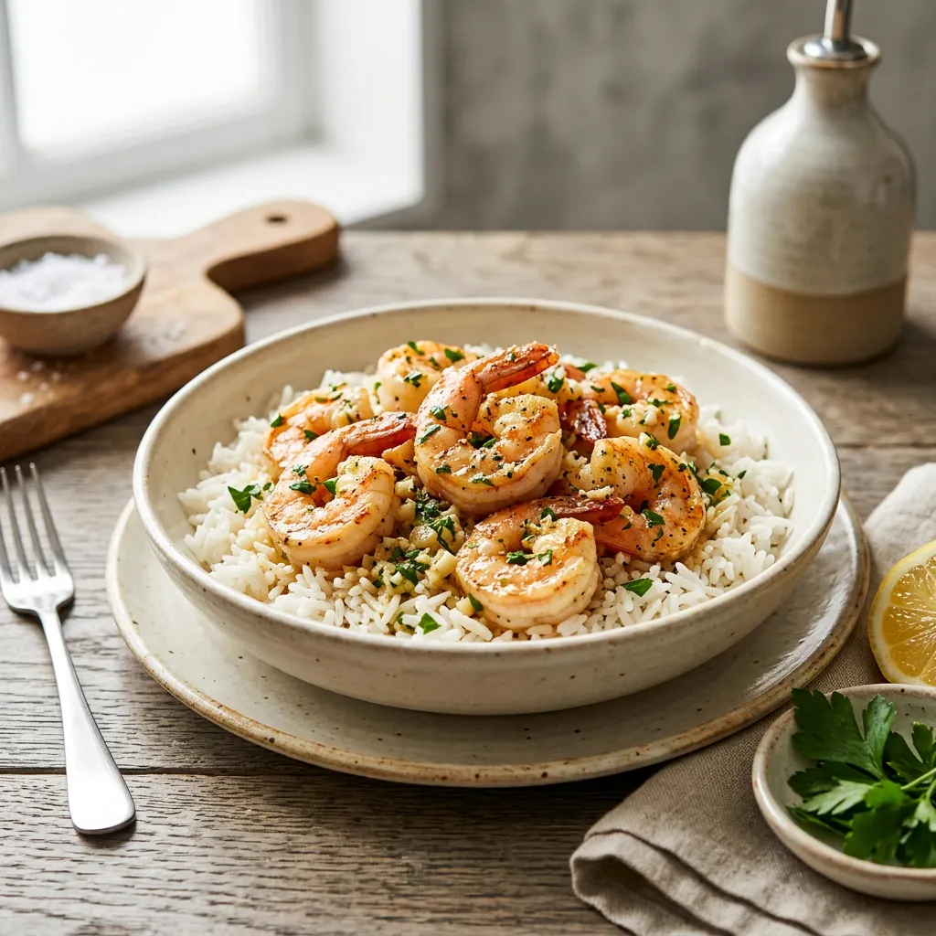 Finished Simple Lemon Garlic Shrimp With White Rice dish