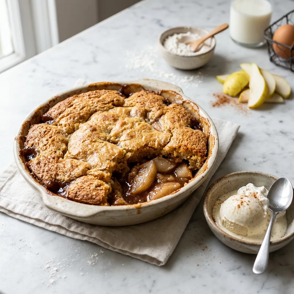 Finished Simple Pear Cobbler Recipe with Fresh Fruit and Sweet Cinnamon dish